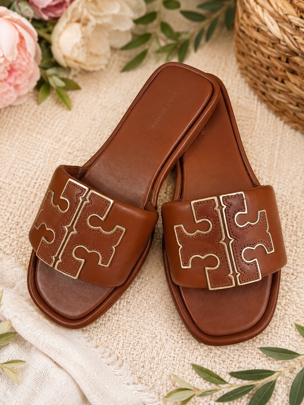 Tory Burch Double T Logo Slide Sandals - Picture 2 of 6